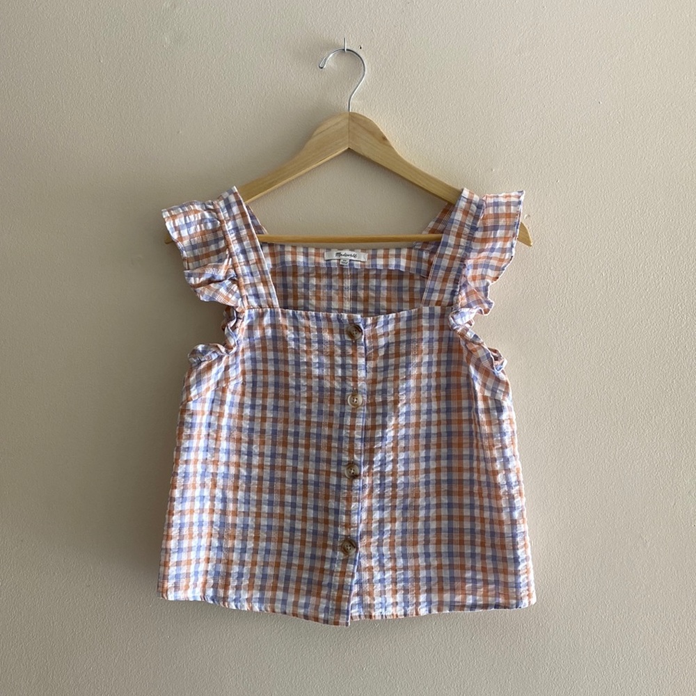 Madewell Gingham Seersucker Ruffle Sleeve Top - Picture 1 of 8